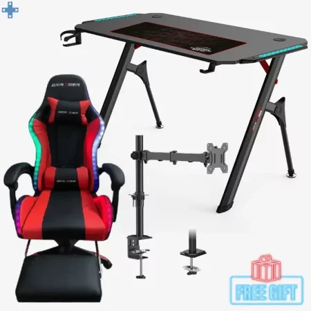 Pack Bureau Gamer RGB TD 02 + Chaise Gamer DxRacer Rouge RGb + Support Moniteur Z011