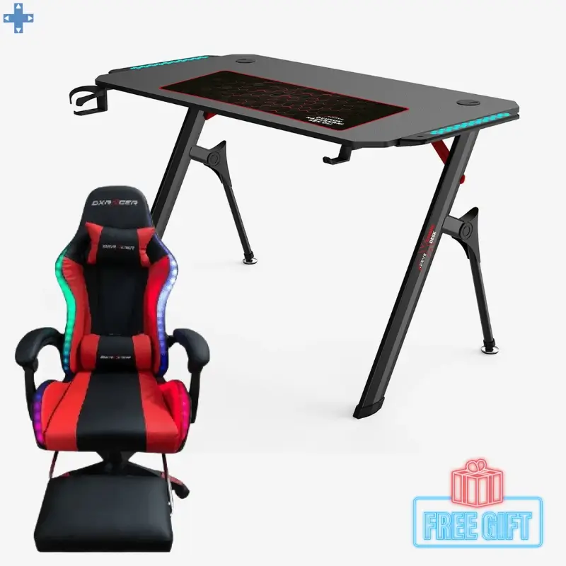 Pack Bureau Gamer RGB TD 02 DEADSKULL 120 x 60 x 75 cm + Chaise Gamer DxRacer Rouge RGb